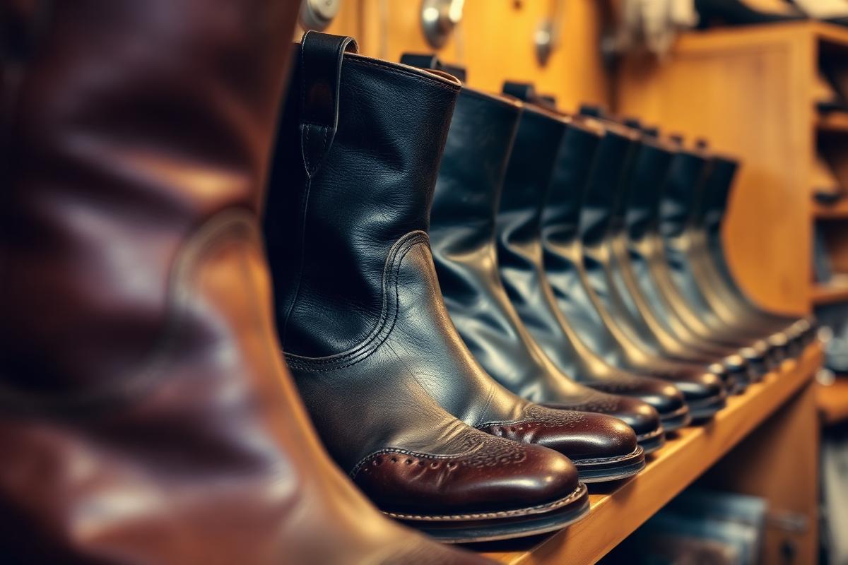 Restored leather boots on a shelf inside the Westminster shoe repair shop